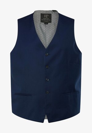 Marineblaue Weste mit V-Ausschnitt, sechs Knöpfen und zwei Seitentaschen. Gefüttert mit einem bedruckten grauen Stoff, der ein geometrisches Muster zeigt.