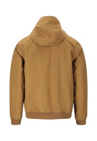 Brun huva jacka med en slät, matt finish, elastiska manschetter och rak fåll. Enkelt design utan synlig hårdvara eller mönster.