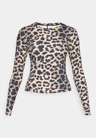 Long-sleeve leopard-print top in beige and black. Features a rounded neckline and a fitted silhouette. Smooth, stretchy fabric.