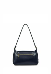 Borsa a mano in pelle blu navy con forma curva, manico corto e tasca con zip frontale. Presenta dettagli in hardware dorato e una texture liscia.