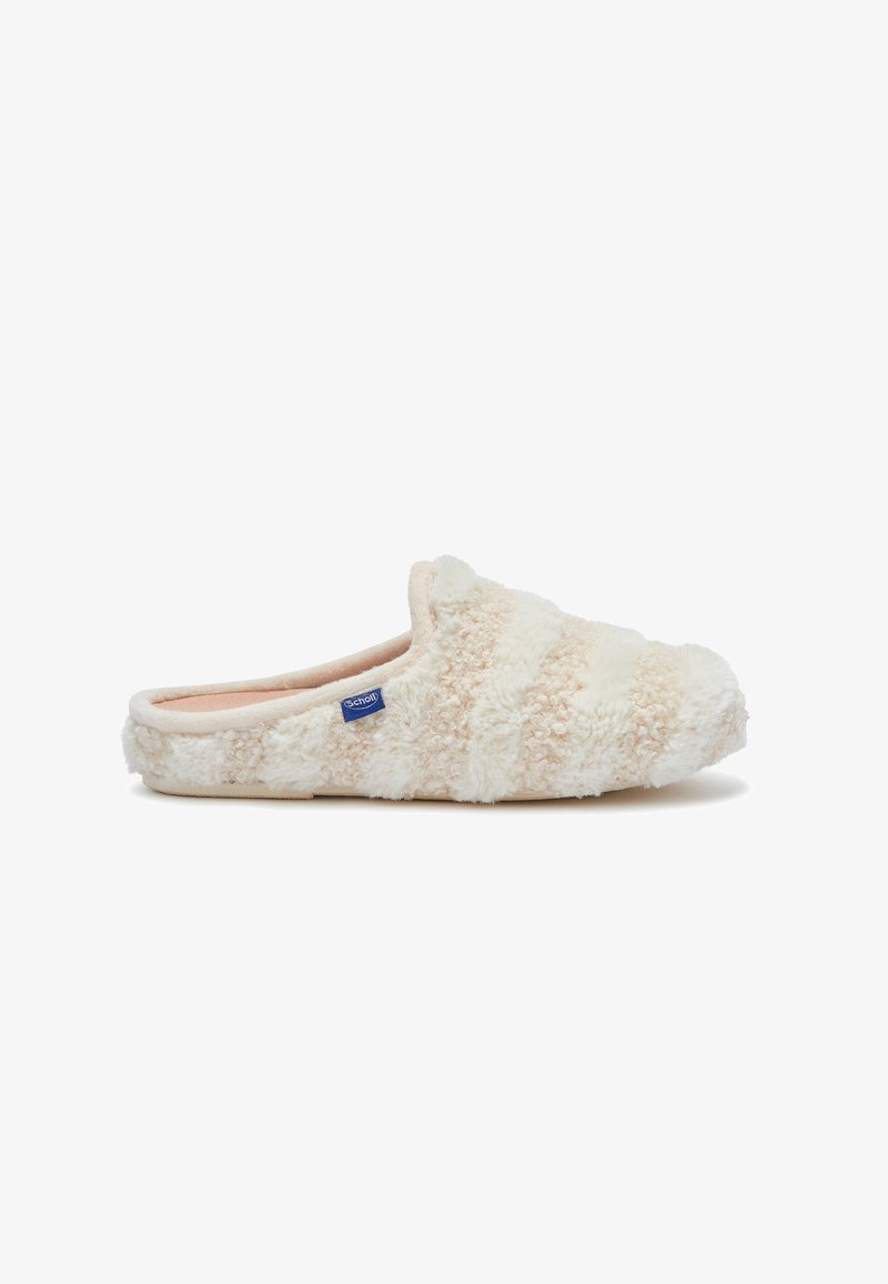 Cream-colored fuzzy slip-on slipper with soft textured upper and small blue brand tag on side, shown against white background.