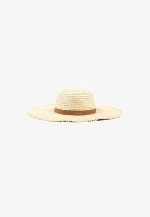 Chapeau de soleil en paille tressée à large bord avec un bandeau marron portant le logo "Michael Kors" à l'avant.