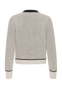 Knitted sweater with a light gray base and navy horizontal stripes. Features a ribbed collar, cuffs, and waistband. Distinctive texture.