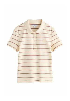 Tricou polo bej cu mâneci scurte, dungi orizontale maro, fenta cu nasturi și logo mic brodat pe piept.
