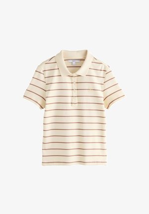 Tricou polo bej cu mâneci scurte, dungi orizontale maro, fenta cu nasturi și logo mic brodat pe piept.