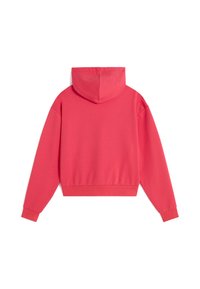 Lyserød, cropped hættetrøje lavet af blødt stof, med hætte, lange ærmer og ribbede manchetter. Ingen synlige detaljer på forsiden.