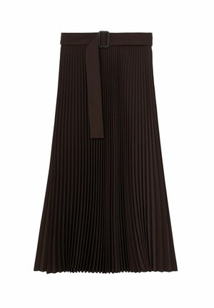 Brown pleated skirt made of fabric with a waistband and a belt featuring a rectangular buckle, showcasing a textured, vertical line design.