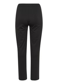 Pantalons noirs extensibles avec une texture lisse, présentant une taille mi-haute et des jambes fuselées, conçus pour le confort et la flexibilité.