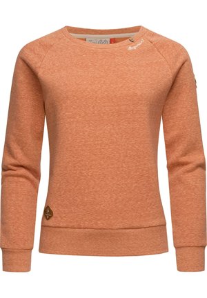 Oranger Sweatshirt mit Rundhalsausschnitt und langen Ärmeln, gerippte Bündchen und Saum, kleines Logo am Hals und Lederpatch vorne unten links am Saum.