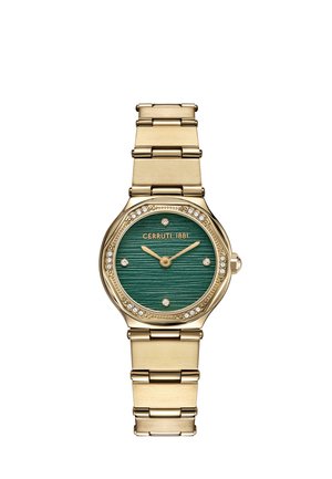 Goudkleurig Cerruti 1881 polshorloge met groene gestructureerde wijzerplaat, kristallen uurmarkeringen en kristallen bezette lunette op een metalen schakelarmband.