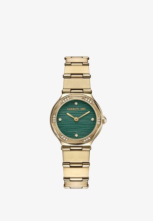 Goudkleurig Cerruti 1881 polshorloge met groene gestructureerde wijzerplaat, kristallen uurmarkeringen en kristallen bezette lunette op een metalen schakelarmband.