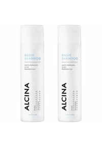 Two white plastic bottles of Alcina Basis Shampoo. Each features blue text, a black brand name, and icons representing product benefits.