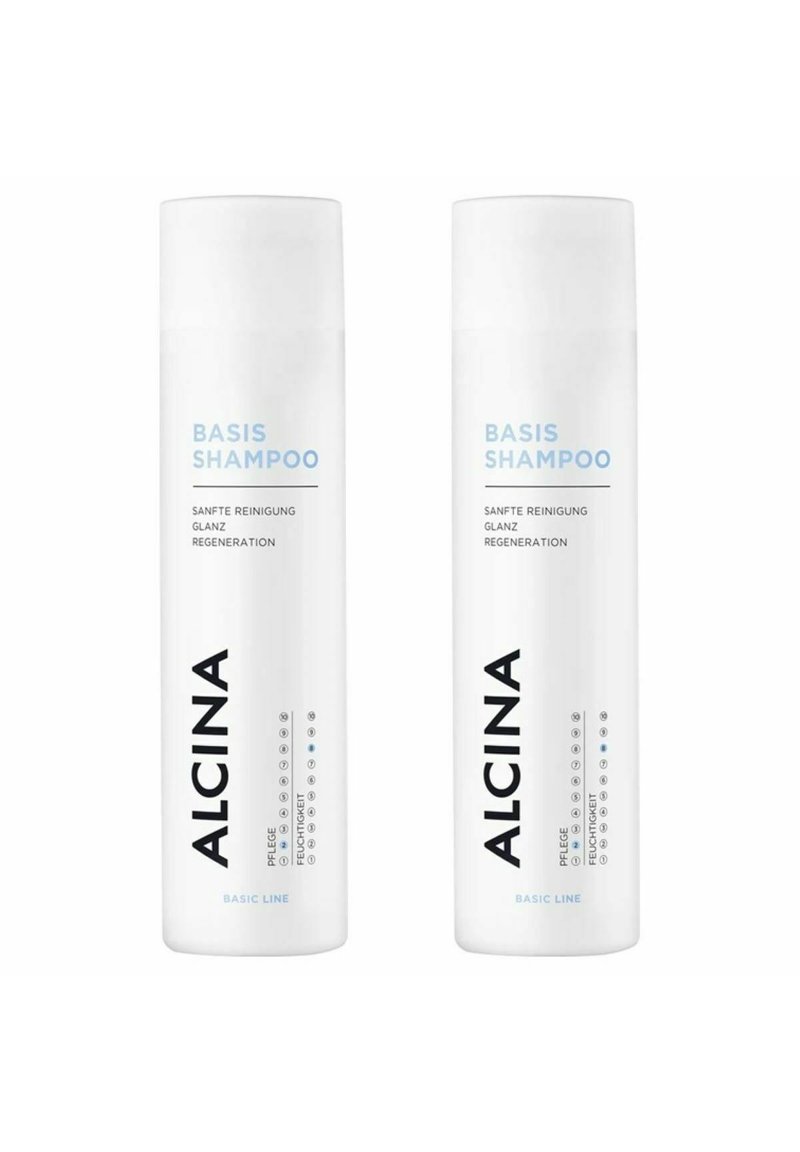 Two white plastic bottles of Alcina Basis Shampoo. Each features blue text, a black brand name, and icons representing product benefits.