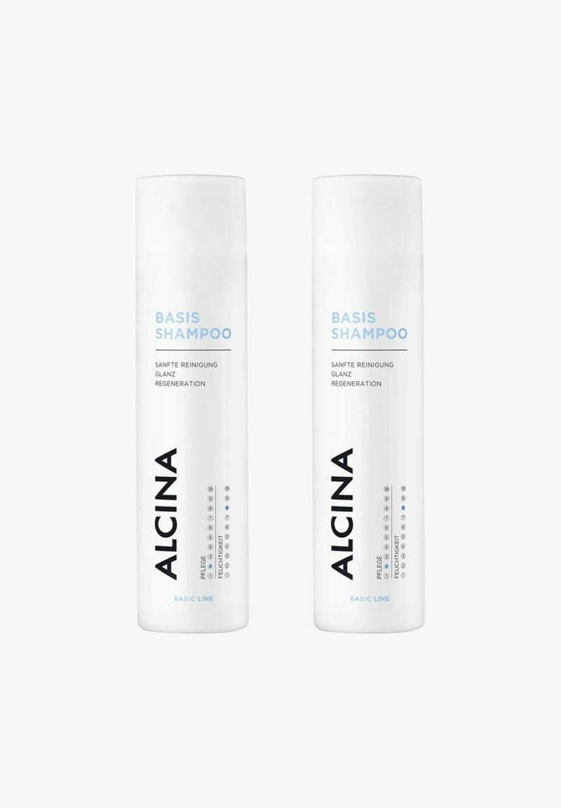 Two white plastic bottles of Alcina Basis Shampoo. Each features blue text, a black brand name, and icons representing product benefits.