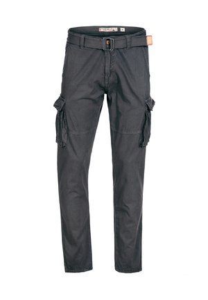Pantalon cargo gris foncé avec plusieurs poches et une ceinture en tissu assorti avec une boucle en métal.
