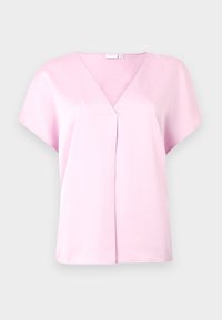 Blusa rosa a maniche corte in un tessuto liscio simile alla seta. Caratterizzata da un collo a V e una vestibilità leggermente ampia con un dettaglio di cucitura centrale.