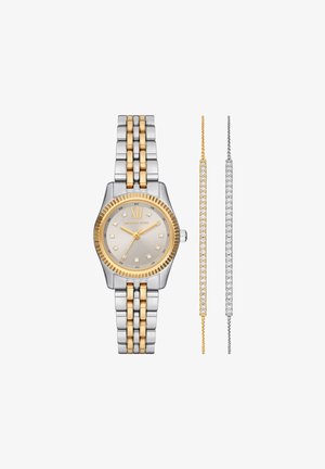Two-piece set featuring a silver and gold-tone watch with a textured bezel, light gray dial, and diamond markers, plus two delicate bracelets.