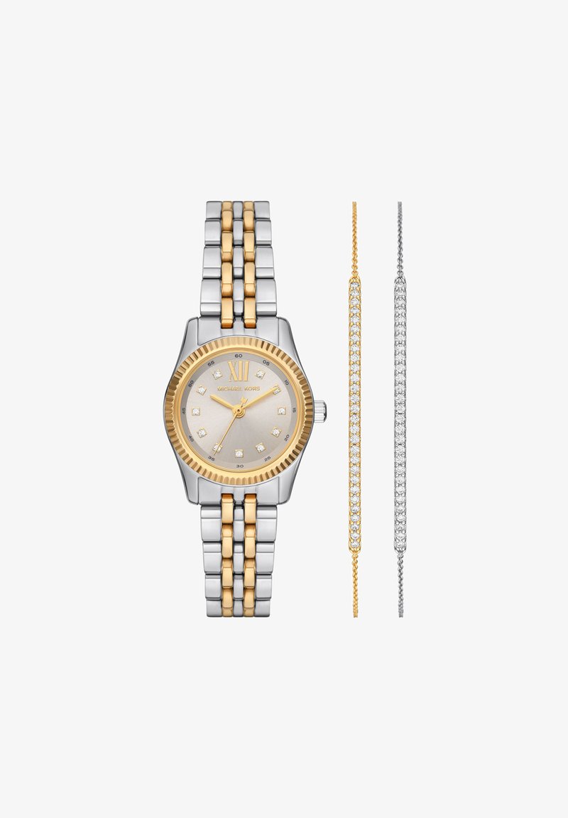 Zweiteiliges Set mit einer Silber- und Goldtöne-Uhr mit strukturiertem Gehäuse, hellgrauem Zifferblatt und Diamant-Indizes, dazu zwei zarte Armbänder.