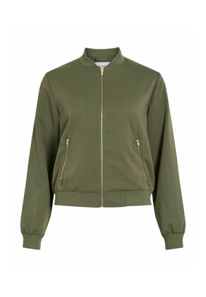 Veste bomber vert olive avec un col et des poignets côtelés, dotée d'une fermeture éclair à l'avant et de deux poches latérales avec des zippers dorés. Tissu lisse.