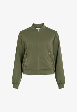 Olijfgroene bomberjack met een geribbelde kraag en manchetten, met een ritssluiting aan de voorkant en twee zijzakken met gouden ritsen. Glad materiaal.