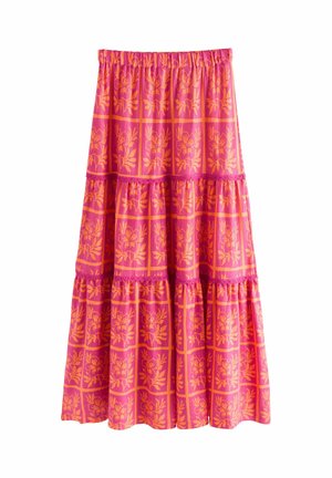 Lang lagdelt nederdel med elastisk talje, med lys pink og orange blomsterternet mønster og blondekantdetaljer.
