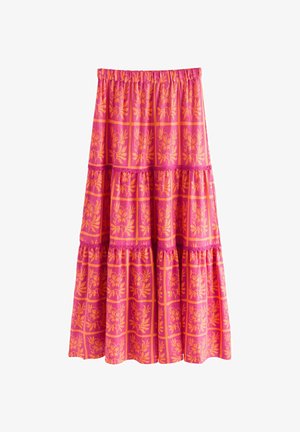 Lang lagdelt nederdel med elastisk talje, med lys pink og orange blomsterternet mønster og blondekantdetaljer.