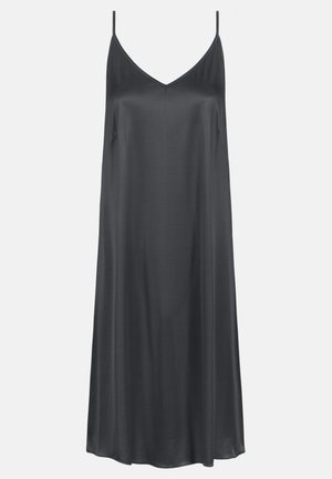 Donkergrijze slipdress gemaakt van een gladde, lichte stof. Bevat verstelbare spaghetti-bandjes en een V-hals ontwerp.