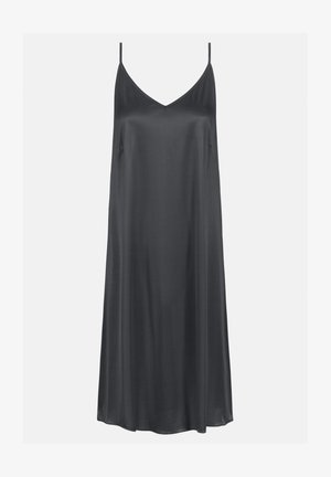 Dunkelgraues Slipkleid aus einem glatten, leichten Stoff. Verfügt über verstellbare Spaghettiträger und ein V-Ausschnitt-Design.