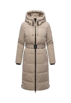 Beige gewatteerde jas met capuchon, tailleriem, rits aan de voorkant, elastische manchetten en grote zakken. Gelaagd oppervlak met een geborduurd patroon.