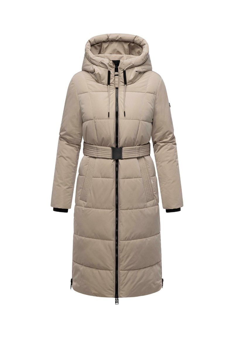 Manteau rembourré beige avec capuche, taille cintrée, fermeture éclair à l'avant, poignets élastiques et grandes poches. Surface texturée avec motif matelassé.