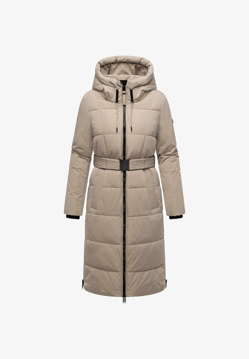 Beige padded coat with a hood, cinched waist, front zip, elastic cuffs, and large pockets. Textured surface with quilted pattern.