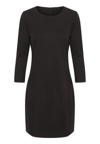 Robe noire à encolure ronde, manches trois-quarts et fermeture éclair dissimulée dans le dos. Tissu lisse et silhouette longueur genou.