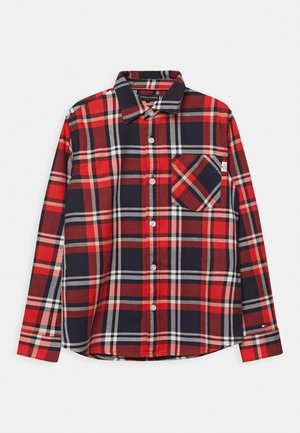 Camicia a maniche lunghe con bottoni, caratterizzata da un motivo a quadri nei colori rosso, blu navy, bianco e beige, con una tasca singola sul petto.