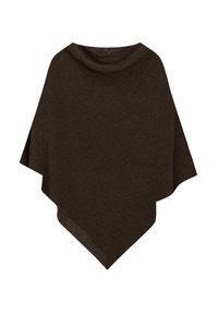 Dark brown knitted poncho with wide cowl neck and asymmetrical hem, displayed front-facing on a white background.