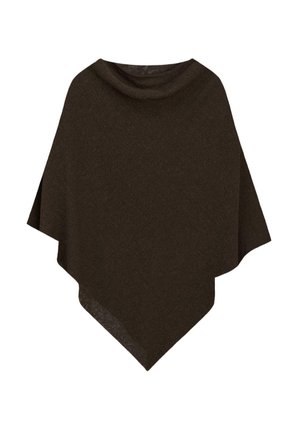 Poncho en tricot marron foncé avec large col cheminée et ourlet asymétrique, présenté de face sur fond blanc.