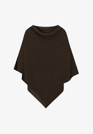 Poncho en tricot marron foncé avec large col cheminée et ourlet asymétrique, présenté de face sur fond blanc.