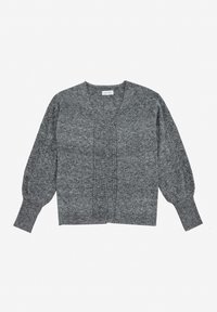 Grau gestrickte Strickjacke mit V-Ausschnitt, strukturiertem Vorderteil, aufgebauschten Ärmeln und gerippten Bündchen. Hergestellt aus weichem Wollgemisch.