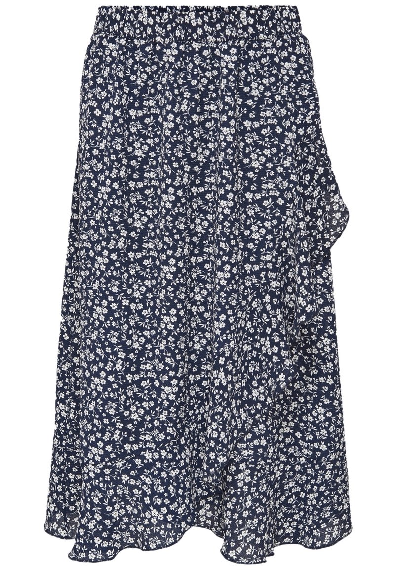 Marineblauwe bloemenrok met een ontspannen pasvorm, elastische tailleband en gerimpelde zoom, versierd met witte bloemenpatronen. 