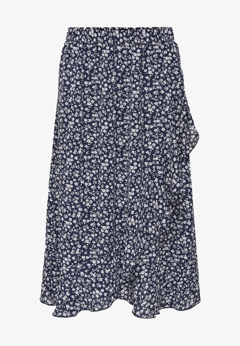 Marineblauwe bloemenrok met een ontspannen pasvorm, elastische tailleband en gerimpelde zoom, versierd met witte bloemenpatronen.