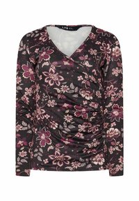 Pitkähihaista puseroa mustasta kankaasta, jossa on burgundin ja kermaisen värisiä kukkakuoseja. Puserossa on v-kaula-aukko ja rypytystä vyötäröllä.