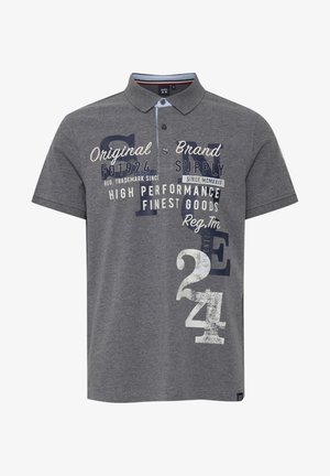 Grijze polo shirt van katoen, met een kraag, korte mouwen en verschillende grafische prints in wit en marineblauw.