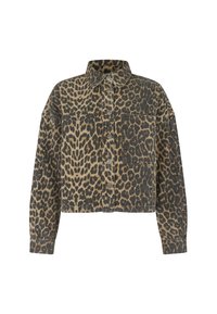 Kratší bunda s leopardím vzorem, vybavená zapínáním na knoflíky, límečkem, dlouhými rukávy a kapsou na prsou. Vyrobena z jemné texturované látky.