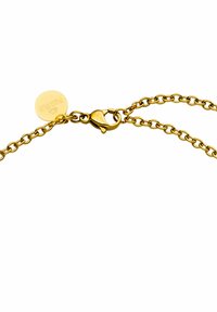 Gouden metalen ketting met een karabijnsluiting en een klein gegraveerd rond label. De schakels hebben een uniforme grootte en vorm, wat zorgt voor een delicate uitstraling.