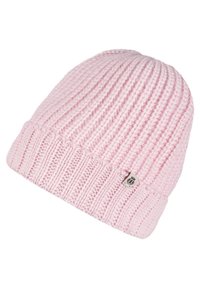 Knitted pink beanie with a ribbed texture and foldover cuff. Features a small, branded tag on the side. Soft, warm material.