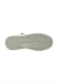 Schuhsohle aus strukturiertem Gummi mit Wellenmuster. Farbe: hellgrau mit geprägtem Logo. Gerillt für Grip und Haltbarkeit.