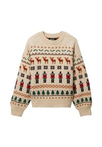 Pull en maille beige avec des motifs festifs de rennes, casse-noisettes, flocons de neige et arbres en rouge, vert et bleu. Encolure ronde, manches longues.