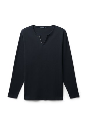 Maglietta henley nera a maniche lunghe con texture a coste, un placket a tre bottoni e scollo rotondo. Tessuto morbido con vestibilità comoda.