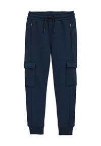 Marinblå joggerbyxor gjorda av mjukt tyg, med dragsko i midjan, fickor med dragkedja, smalnade muddar och detaljer med cargo-fickor.