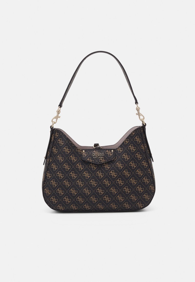 Sac d'épaule noir avec motif logo marron, fermeture à rabat et une seule bandoulière avec fermoirs dorés.
