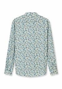 Langärmeliges Hemd aus hellblauem Stoff mit einem Blumenmuster in Blau-, Grün- und Beigetönen, versehen mit einem klassischen Kragen.